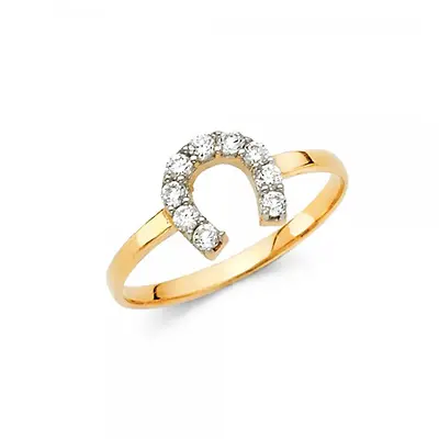 14K Solid Yellow Gold Cubic Zirconia Horseshoe Ring - Good Luck Band Women Men • $160.08