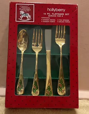 Vtg Venture Hollyberry Gold Tone Christmas Flatware 16 PC Set New Sealed Box • $59.99