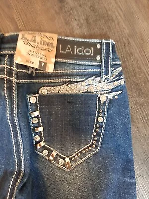 LA IDOL Girls Rhinestone & White Stitch Jeans Size 7 New • $19.88