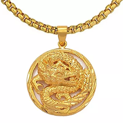 18k Gold Filled Men's 24  Cuban Box Link Chain Dragon Pendant Necklace D943 • $28.95