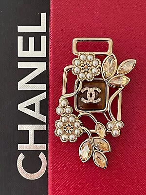 Floral Design Chanel Bottle Brooch With Cc Logo Gold Amber Gem And Pearls • $489