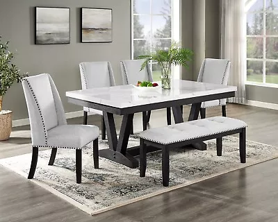 Black Gray 6Pc Dining Set White Faux Marble Table Upholstered Wing Back Chair • $1299.99