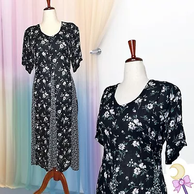 Vintage 90s Woodland Fairycore Black Daisy Print Gauze Maxi Tent Dress Size L XL • $48