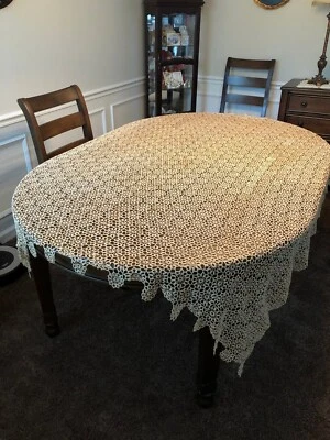 $45 • Buy VINTAGE BEIGE HAND CROCHET TABLECLOTH  72  X 46 