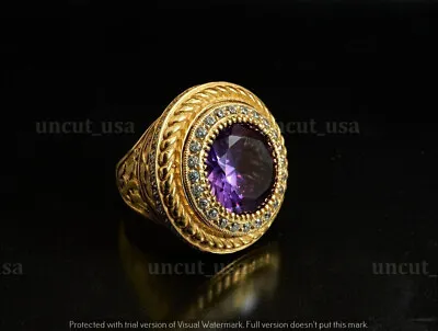 $185 • Buy 5.20 Ct Simulated Round Cut Amethyst  Yellow Gold Plated Men's Bishop Ring