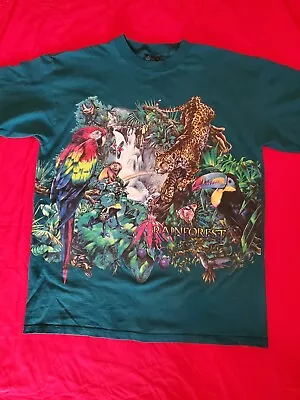 Vtg Mens Habitat T-Shirt RAINFOREST All Over Print Exotic Animals USA Green XL  • $21.99