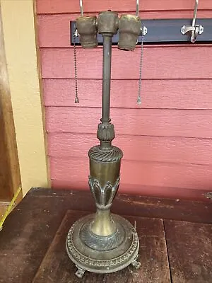 Antique Fancy Cast Metal 2 Socket Table Lamp Base Leaded Glass Panel Shade • $55.99