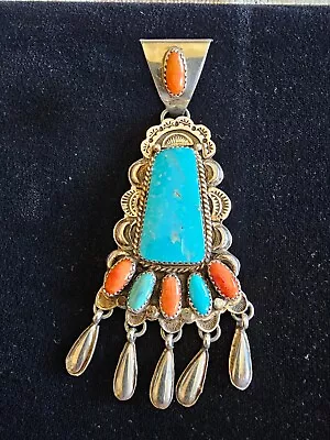 OLD PAWN Turquoise And Coral Pendant By Native Navajo Artist Marcella James • $275