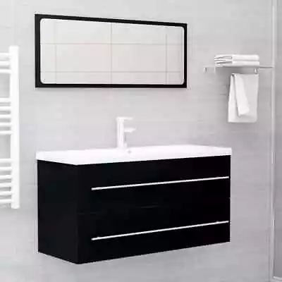 2pcs High Gloss Bathroom Cabinet Set Mirror Wall Hung Sink Vanity Storage Black • $140.51