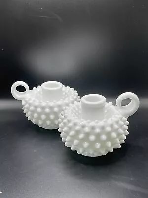 Pair Of Fenton Milk Glass Hobnail Chamber Taper Candle Stick Holders • $25