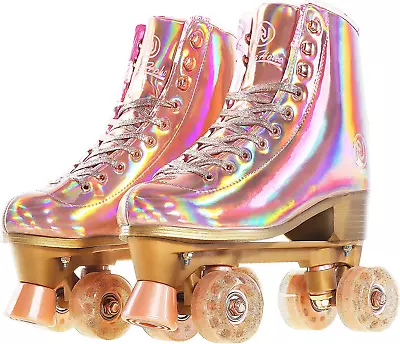 Roller Skates For Women Holographic High Top PU Leather Rollerskates Shiny Dou • $64.99