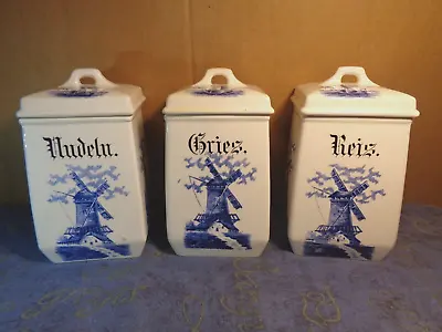3 Delft  Style Blue & White Storage Jars Hand Painted Windmills Sail Boats • £7.99
