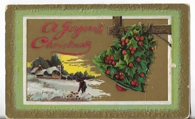 VTG Christmas Postcard-A Joyous Christmas Holly & Berry Bell Farm Scene Man Snow • $2.39