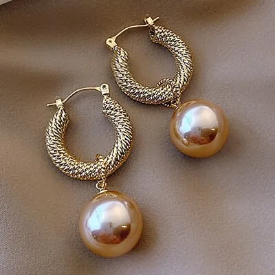 Women Champagne Pearl Earrings Dangle Hook Drop Hoop Fashion Wedding Party Gift • $2.37