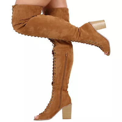 Womens Ladies Thigh High Boots Zip Lace Up Over The Knees Block Heel Shoes • £12.99