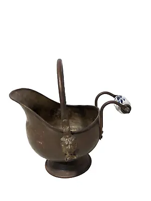 Vintage Copper Coal Scuttle Bucket W/Delft Holland Handle & Lions Head • $39.99