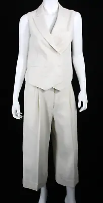 FENDI Ecru Linen Woven Double-Breasted Vest & Culotte Pant Outfit Set 42 • £581.92