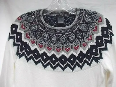 Vtg  Ann Taylor Ski Sweater S Nordic Rhinestone Crystals Bling Heart Gray MINT  • $26.99