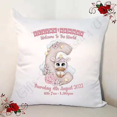 Personalised 18  Cushion - Newborn Baby Gift - Unicorn - Initial - A-Z - D.1 • £15.99