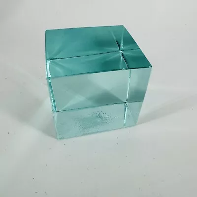 Vintage Crystal Blue/Green/Aqua Glass Cube Paperweight • $24.99