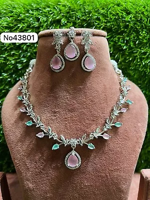 Indian Bollywood Silver Plated Ethnic AD CZ Jewelry Earrings Necklace Bridal Set • $19.35