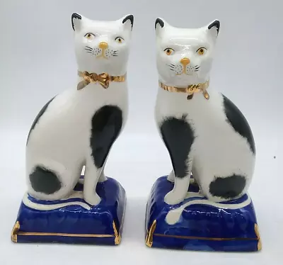 Pair Of Staffordshire Style Black & White Cats On Blue & Gold Cushion • £29.99