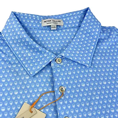 Peter Millar Crown Sport Summer Comfort Double Skulls Heads Polo Shirt Blue 2XL • $84.99