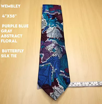 Wembley 4x58  Purple Blue Gray Abstract Floral Butterfly Silk Tie • $9.88