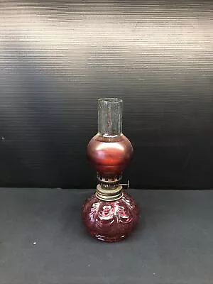 Vintage Miniature Oil Lamp Red Glass Base & Chimney Working Wick Mechanism Clear • $17.99