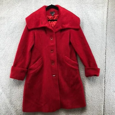 H & M Trench Coat Red Wool Belted Lined Button Pockets Mid Length Womens 12 • $11.20