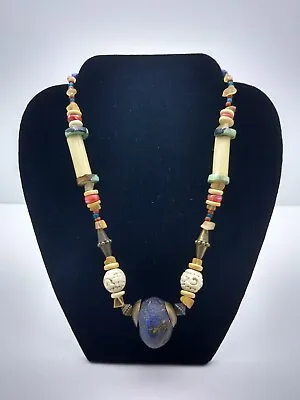 Vintage African Bead Necklace Huge Glass Center Bead Brass Turquoise Wood Bone • $49.75