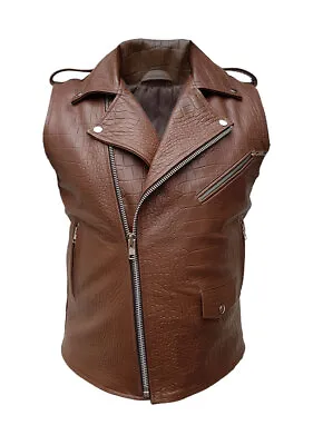 Mens Sleeveless Brando Style Biker Vest Alligator/Crocodile Leather Brown Jacket • £64.99