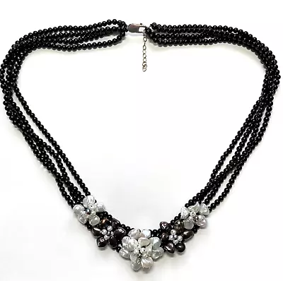 Floral Black Beaded Necklace Freshwater Shell And Pearls Bib Choker 20  • $75
