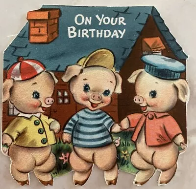 NOS 50s Vtg Happy Birthday Card Nursery Rhyme 3 Little Pigs Wishes UNUSED • $7.64