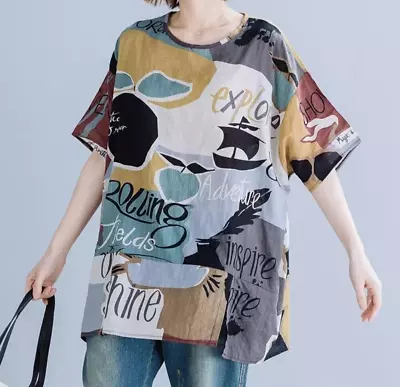 Ladies Arty Loose  Urban Boho Edgy Summer  Print Lightweight Blouse Shirt Top 14 • £27.90