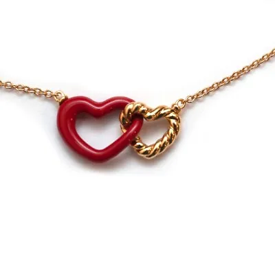 New DAVID YURMAN Double Heart Pendant Necklace In 18K Gold And Red Enamel 18  • $650