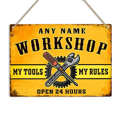 WORKSHOP PERSONALISED Retro Metal Tin Sign Wall Plaque Name Garage Man Cave Shed • £6.49