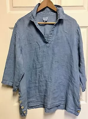 Dusty Blue SIGRID OLSEN 100% Linen Lagenlook Coastal Minimal Popover Tunic 1X 20 • $22.99