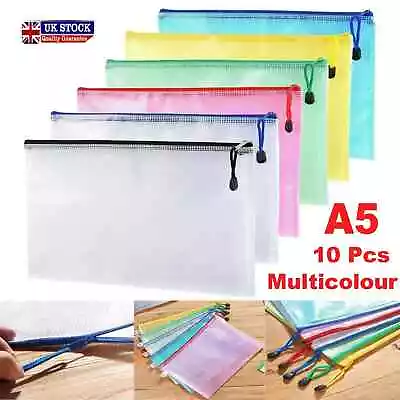 A5 Plastic Wallet Pocket Storage File Bags Paper Document Zip Mesh Folder 10 Pcs • £6.99