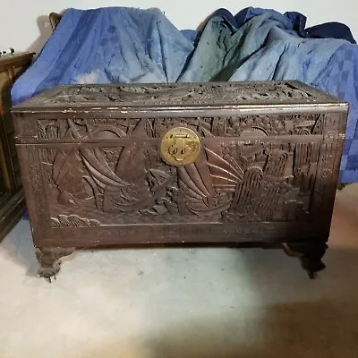 $249.99 • Buy Vintage Chinese Asian Wood Carved Cedar Trunk Chest Large Sail Boat Hope Storage