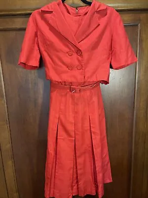 Vintage 50s Two Piece Red  Dress Jacket Set Cute Fit & Flare Sz Small Retro • $37.99