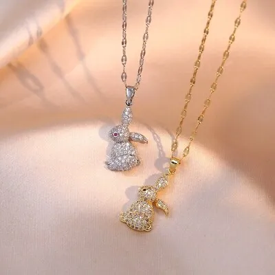 Titanium Silver/Gold Rabbit Bunny Pave C. Zirconia Pendant Chain Necklace • $11.99