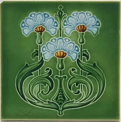 Art Nouveau Fireplace Tile Green Majolica Floral Design T & R Boote 1906 AE6 • $55.95