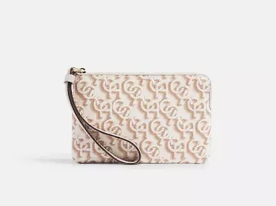 NWT CF548 Coach Corner Zip Wristlet With Coach Monogram Print Gold/Chalk • $33