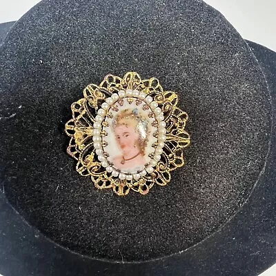 Vtg Limoges Cameo Hand Painted Filigree Gold Tone Faux Pearl Brooch Pin Pendant • £14.41
