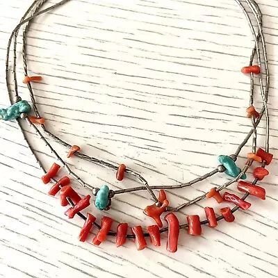 Lot 3 Turquoise Stone Coral Liquid Silver Necklace Sterling 15in 60s Navajo VTG • £72.33