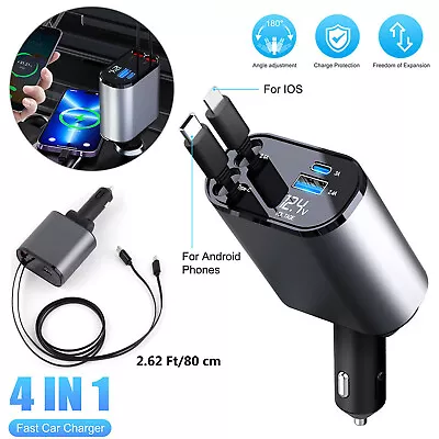 4in1 Retractable Car Charger Cable Dual Ports USB C PD Fast Charging Adapter • $21.16