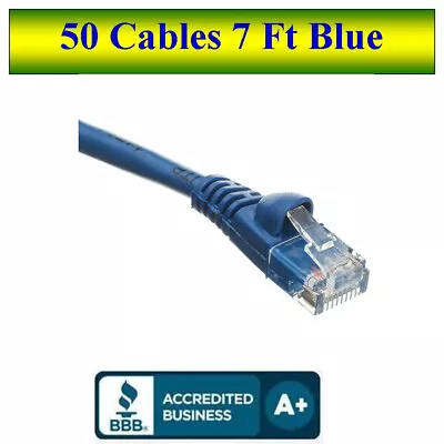 Pack Of 50 Cables Snagless 7 Foot Cat5e Blue Network Ethernet Patch Cable • $289.50