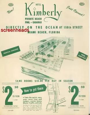 1940s-50s Advertising  THE KIMBERLY HOTEL FLYER  VG Miami Beach Florida $2.50 • $49.99