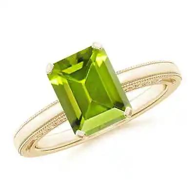 ANGARA Emerald Cut Peridot Solitaire Ring With Milgrain For Women In 14K Gold • $1028.72